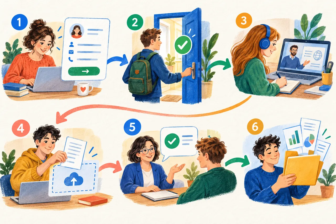 Рисованный путь проверки платформы: заявка, доступ, урок, работа, обратная связь и выгрузка данных